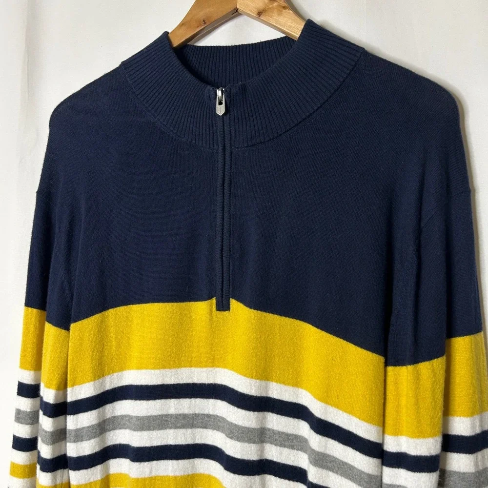 RULE 18 Bobby Jones Sweater Mens L‎ Navy Yellow Stripe 1/4 Zip Pima Cotton